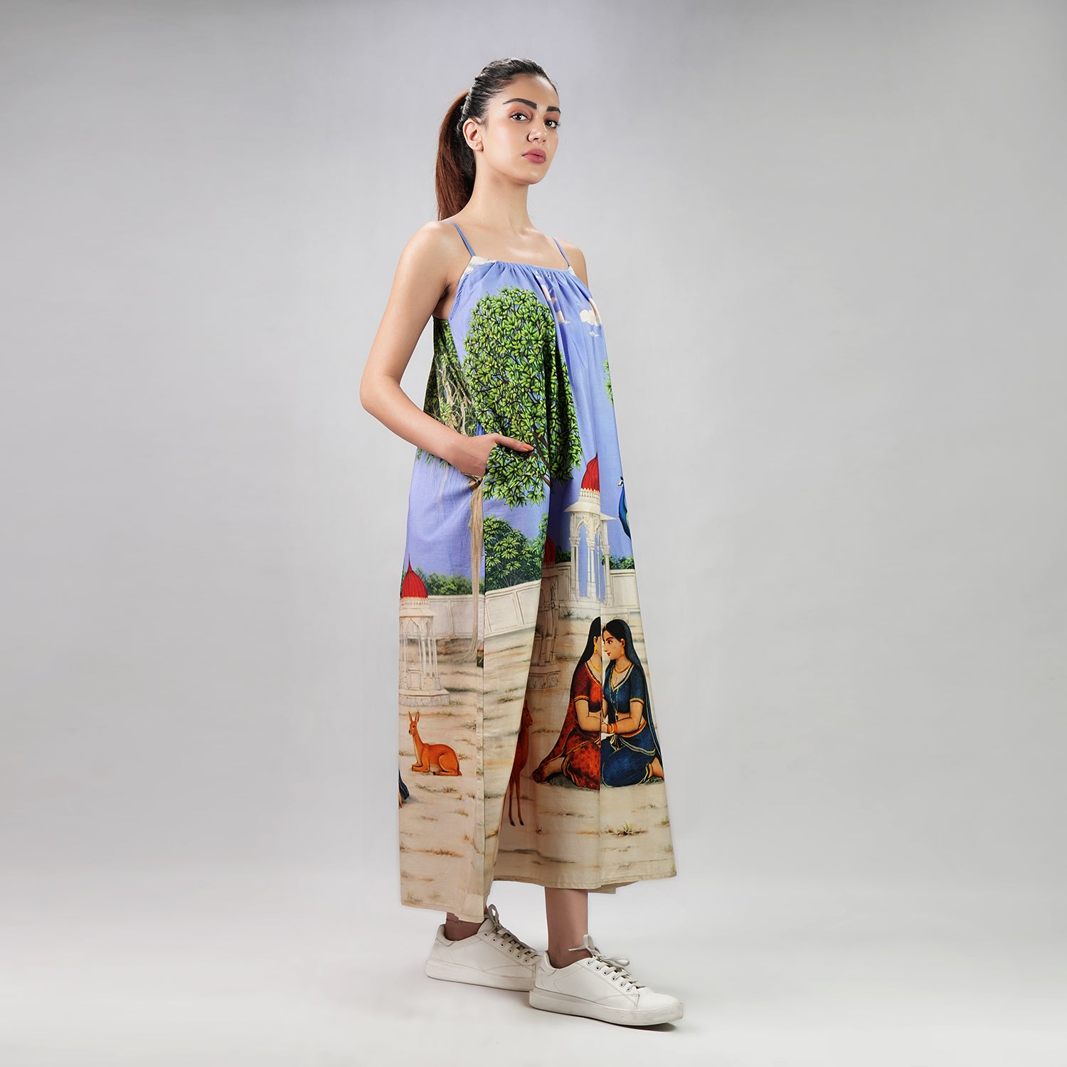 Saanjh Heritage Art Print Spaghetti Strap Maxi Dress - Multicolor