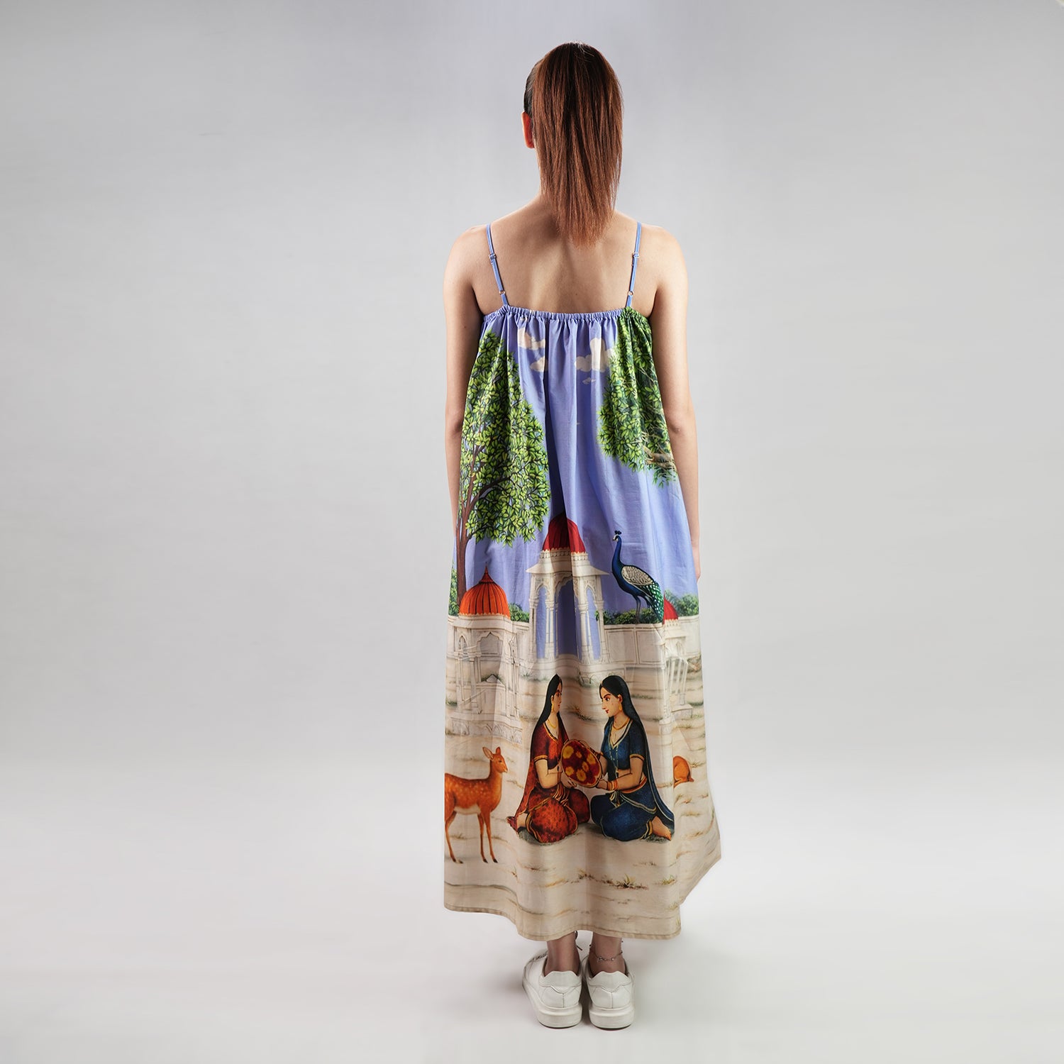 Saanjh Heritage Art Print Spaghetti Strap Maxi Dress - Multicolor