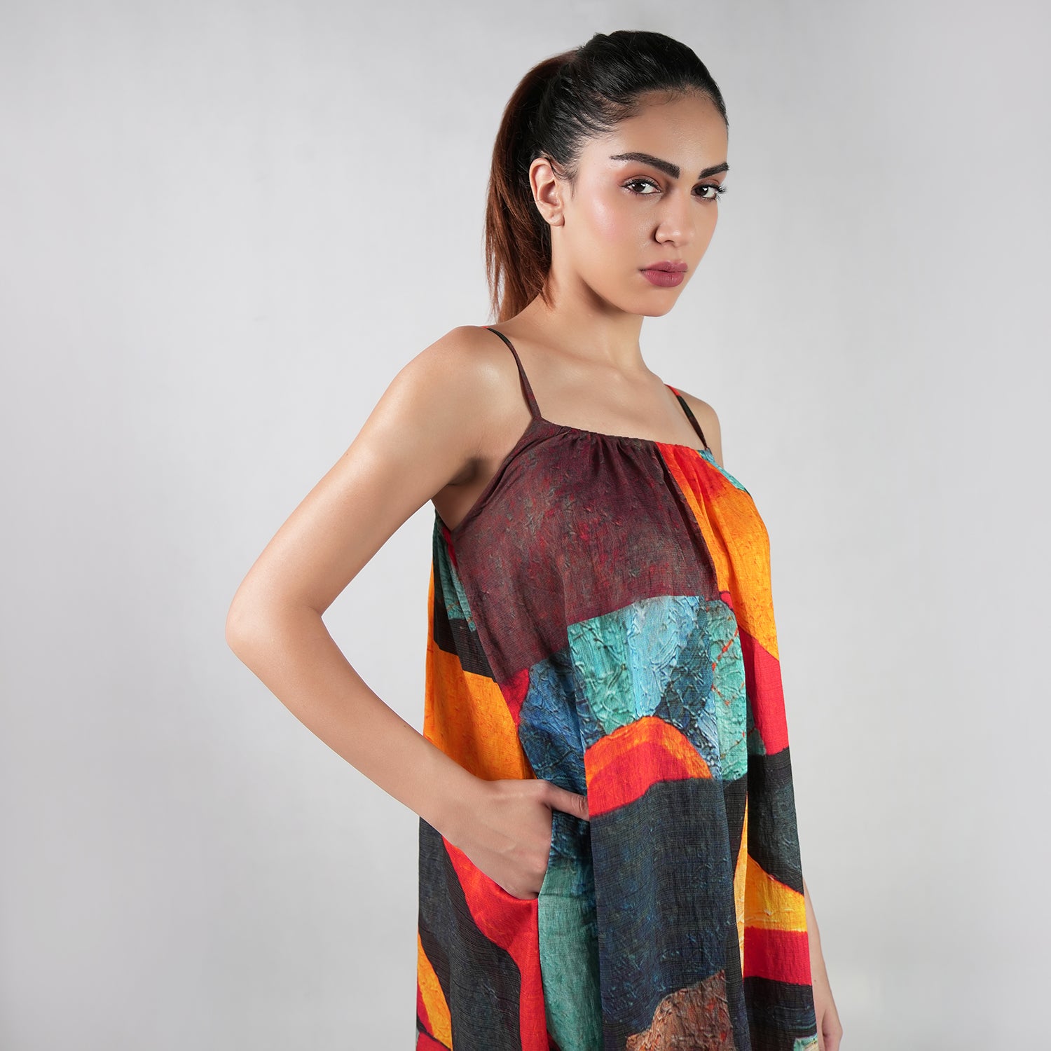 Muse Abstract Art Spaghetti Strap Maxi Dress - Multicolor