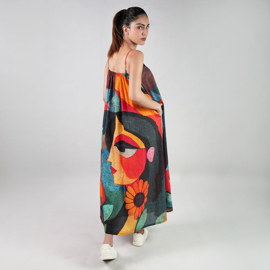 Muse Abstract Art Spaghetti Strap Maxi Dress - Multicolor