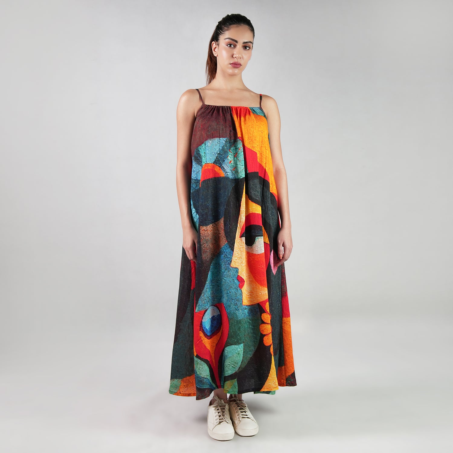 Muse Abstract Art Spaghetti Strap Maxi Dress - Multicolor