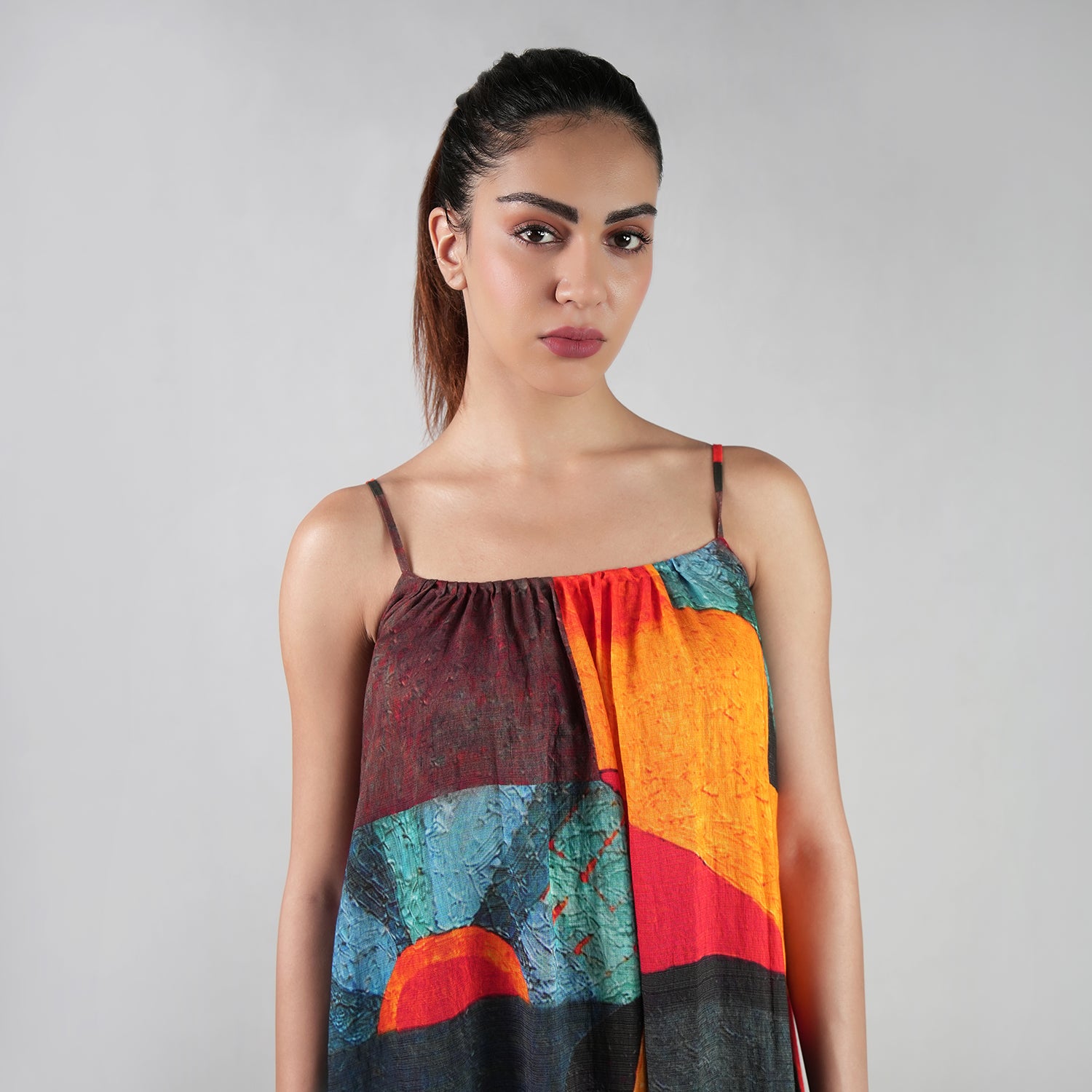 Muse Abstract Art Spaghetti Strap Maxi Dress - Multicolor