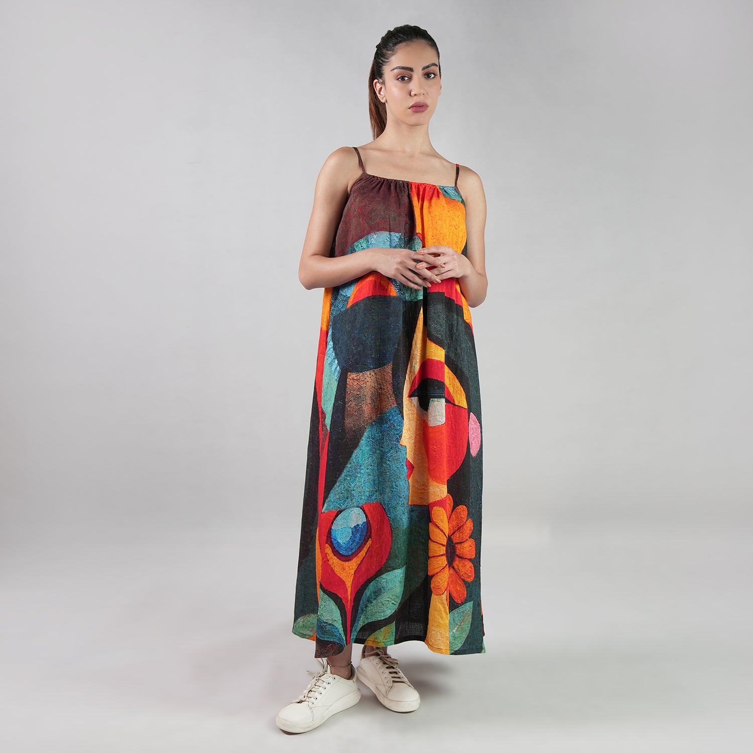 Muse Abstract Art Spaghetti Strap Maxi Dress - Multicolor