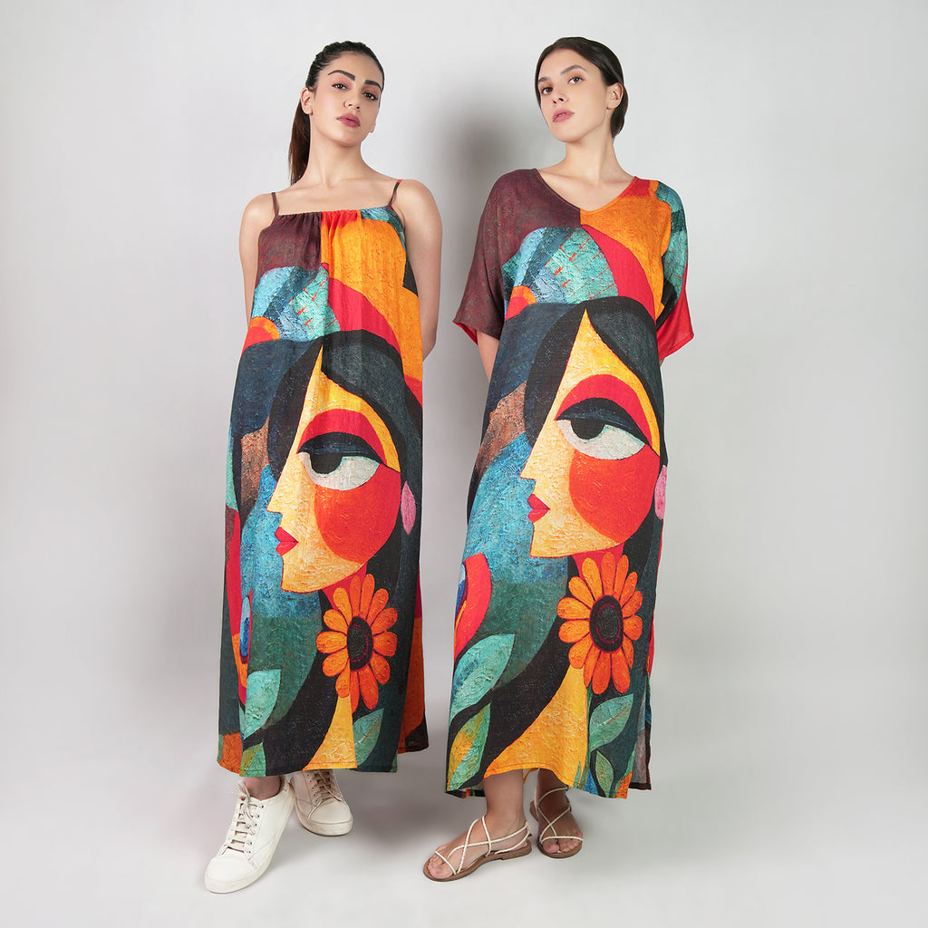 Muse Abstract Art Spaghetti Strap Maxi Dress - Multicolor
