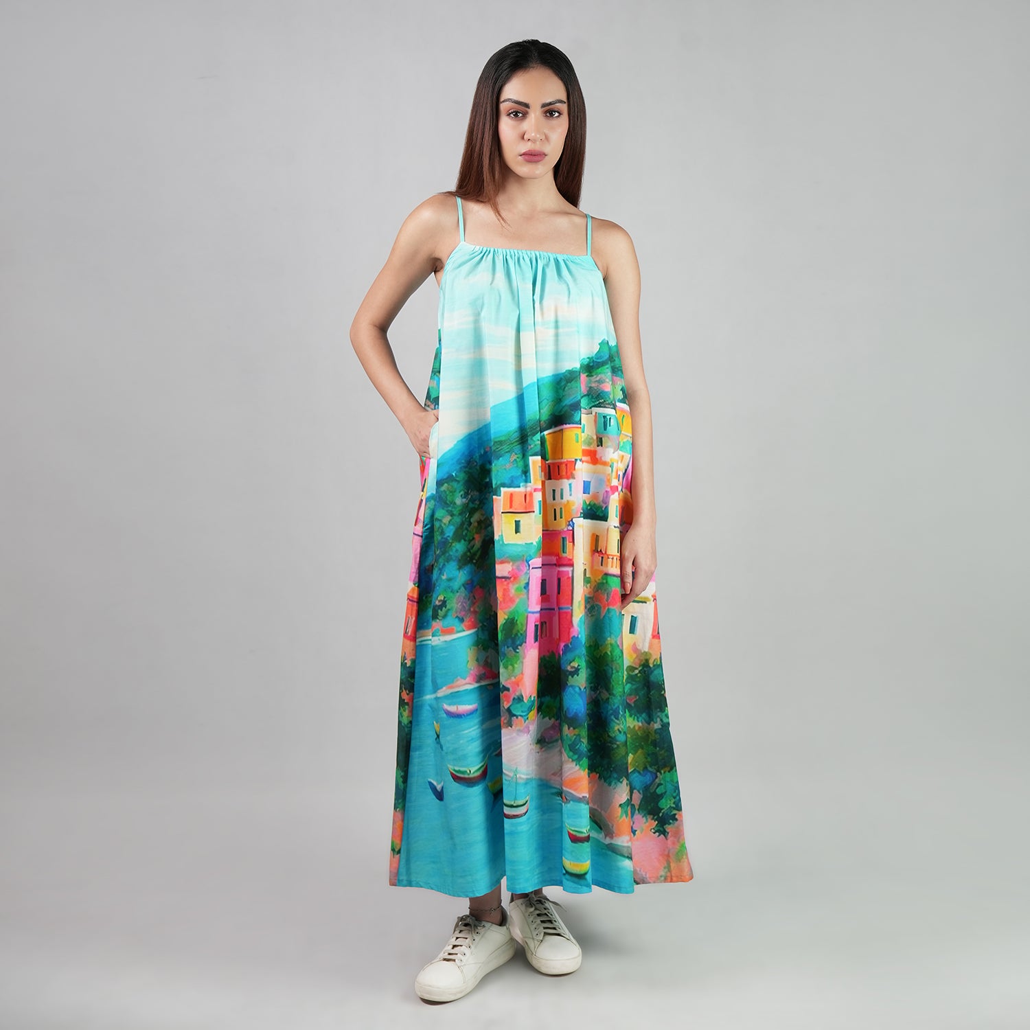 La Dolce Riviera Mediterranean Print Maxi Dress With Pockets - Multicolor