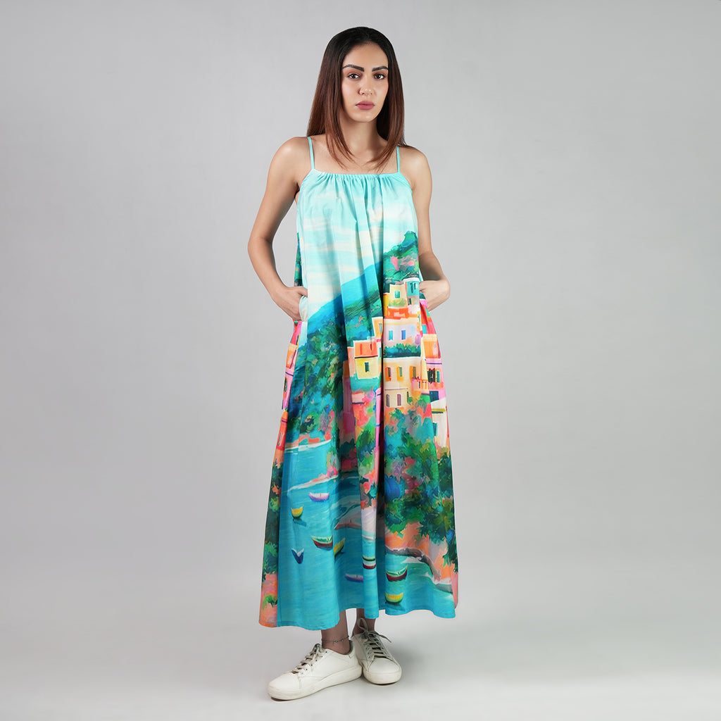 La Dolce Riviera Mediterranean Print Maxi Dress With Pockets - Multicolor