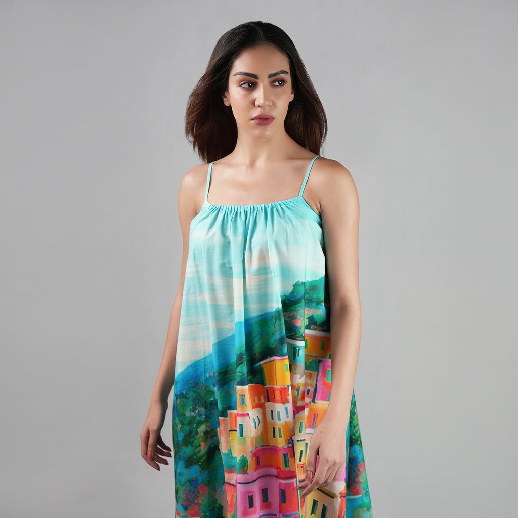 La Dolce Riviera Mediterranean Print Maxi Dress With Pockets - Multicolor