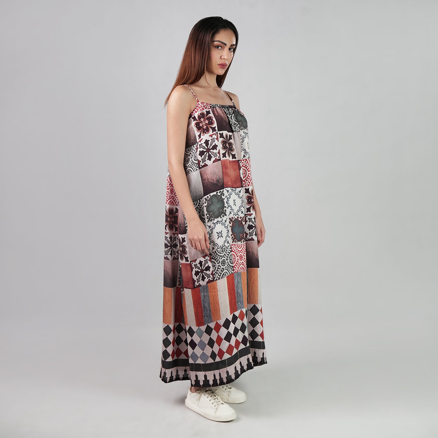Celestial Tesserae Mosaic Print Spaghetti Strap Maxi Dress