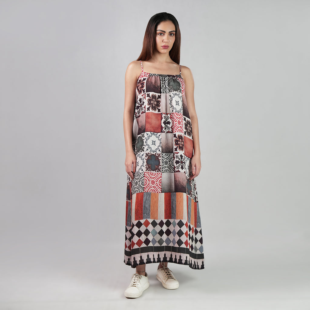 Celestial Tesserae Mosaic Print Spaghetti Strap Maxi Dress