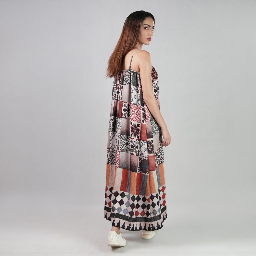 Celestial Tesserae Mosaic Print Spaghetti Strap Maxi Dress