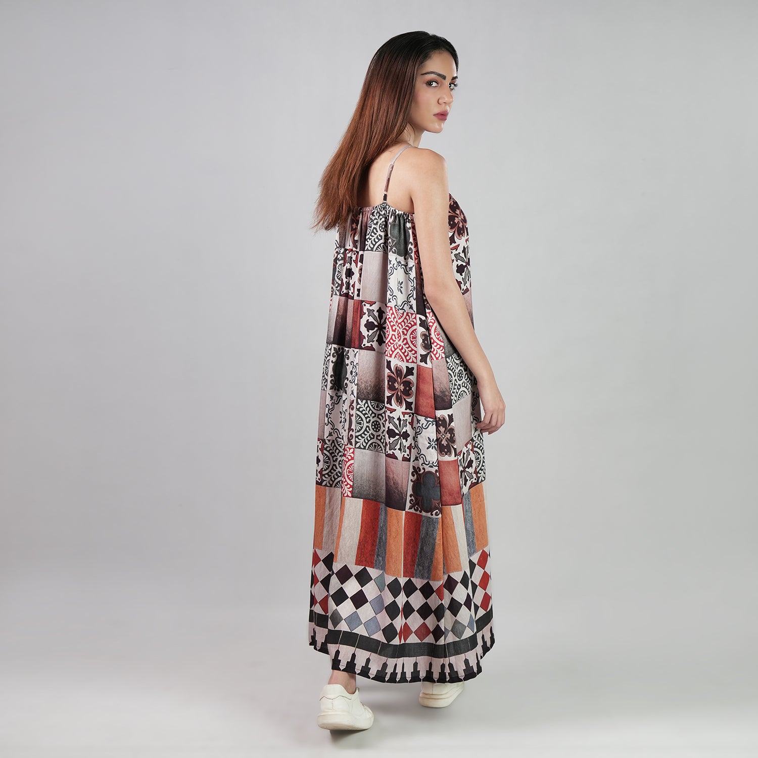 Celestial Tesserae Mosaic Print Spaghetti Strap Maxi Dress