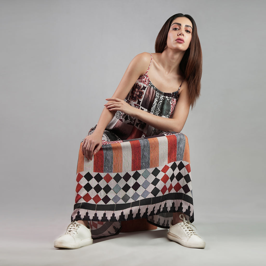 Celestial Tesserae Mosaic Print Spaghetti Strap Maxi Dress