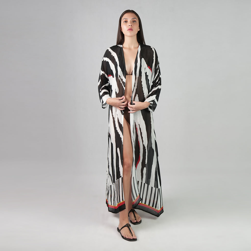 Into The Wild Zebra Print Kimono Dress - Black And White Stripe Beach Cover Up
