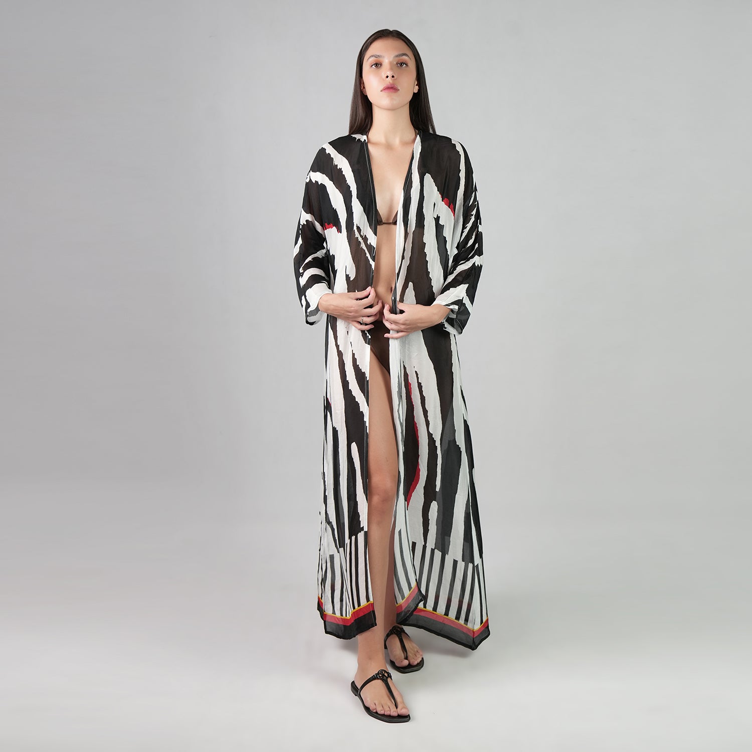 Into The Wild Zebra Print Kimono Dress - Black And White Stripe Beach Cover Up