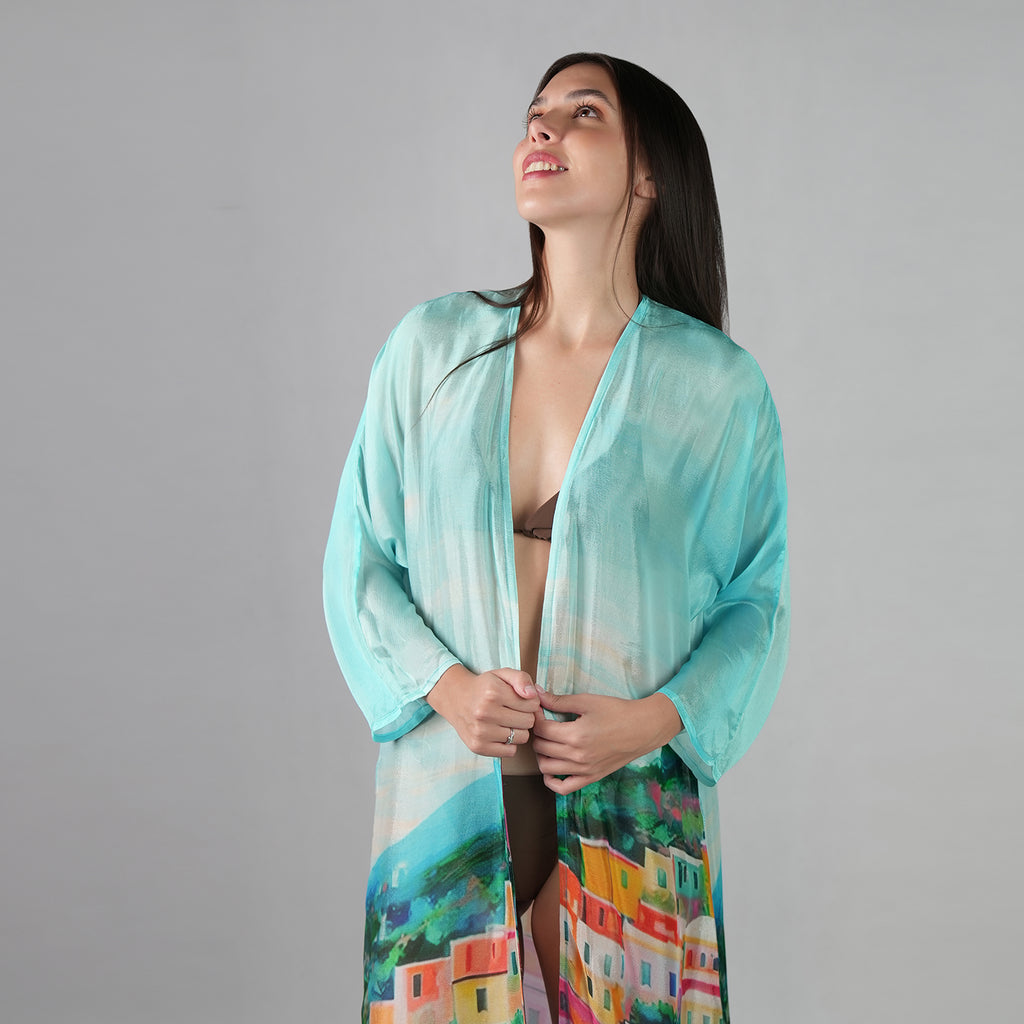 La Dolce Riviera Mediterranean Long Kimono Dress - Beach Cover Up