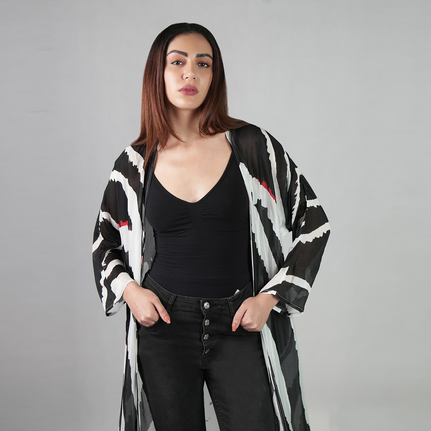 Into The Wild Zebra Print Kimono Dress - Black And White Stripe Beach Cover Up