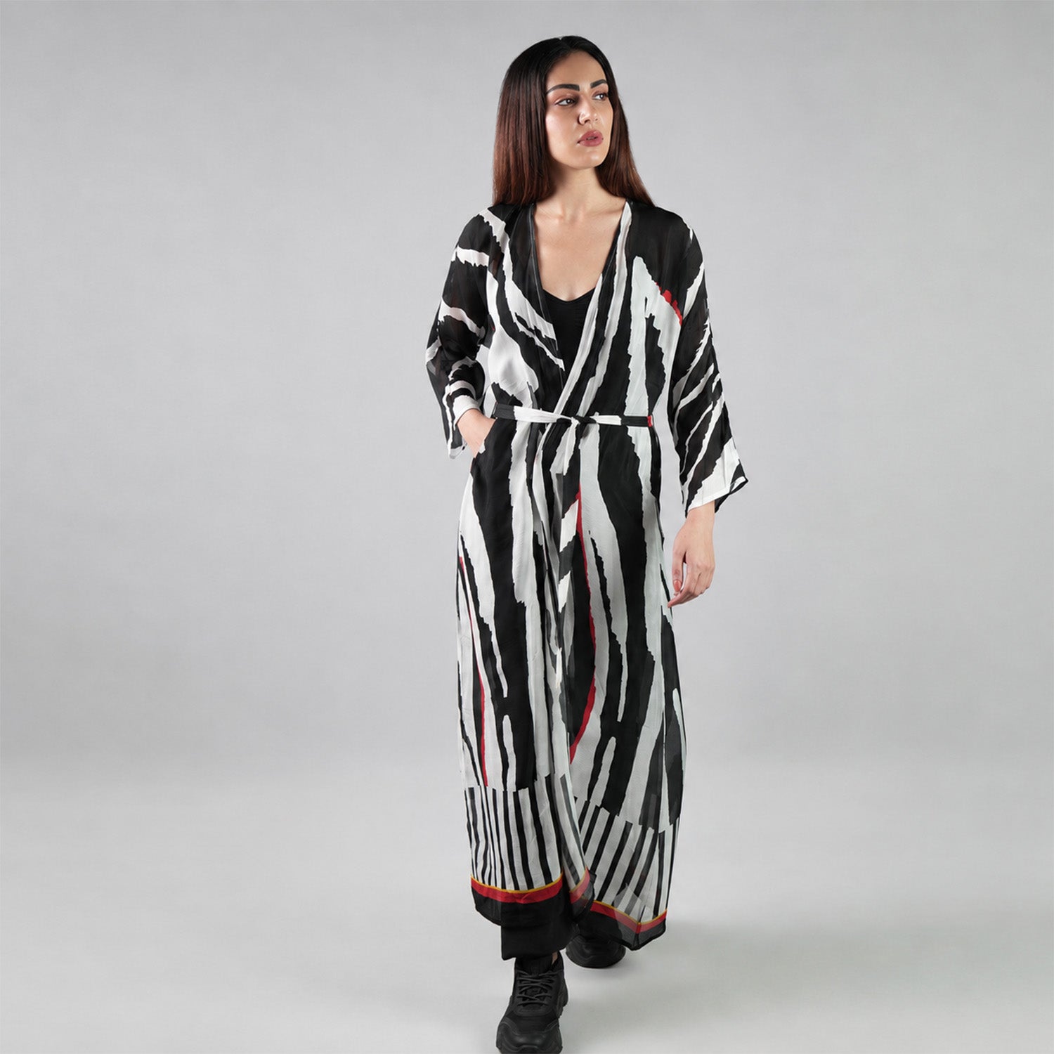 Into The Wild Zebra Print Kimono Dress - Black And White Stripe Beach Cover Up