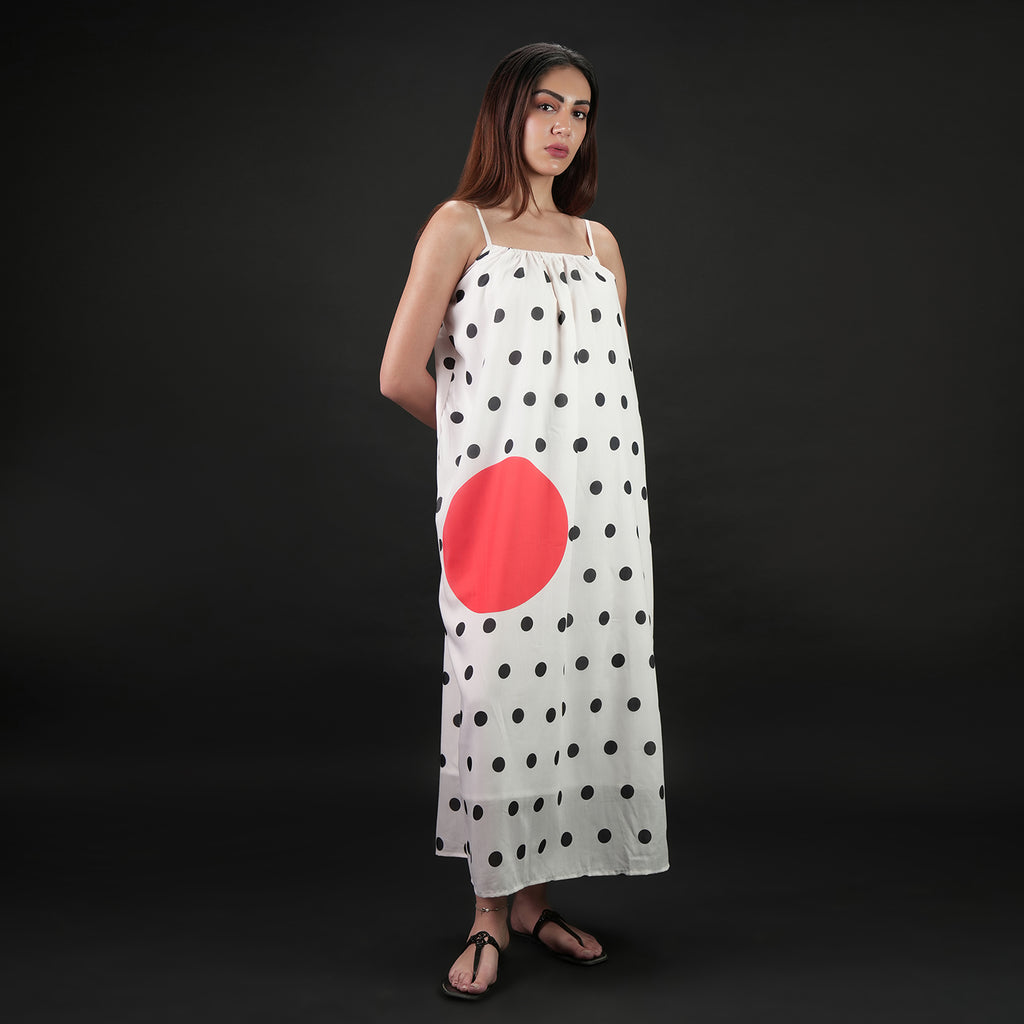 One Polka Dot Spaghetti Strap Maxi Dress - Red,Black & White
