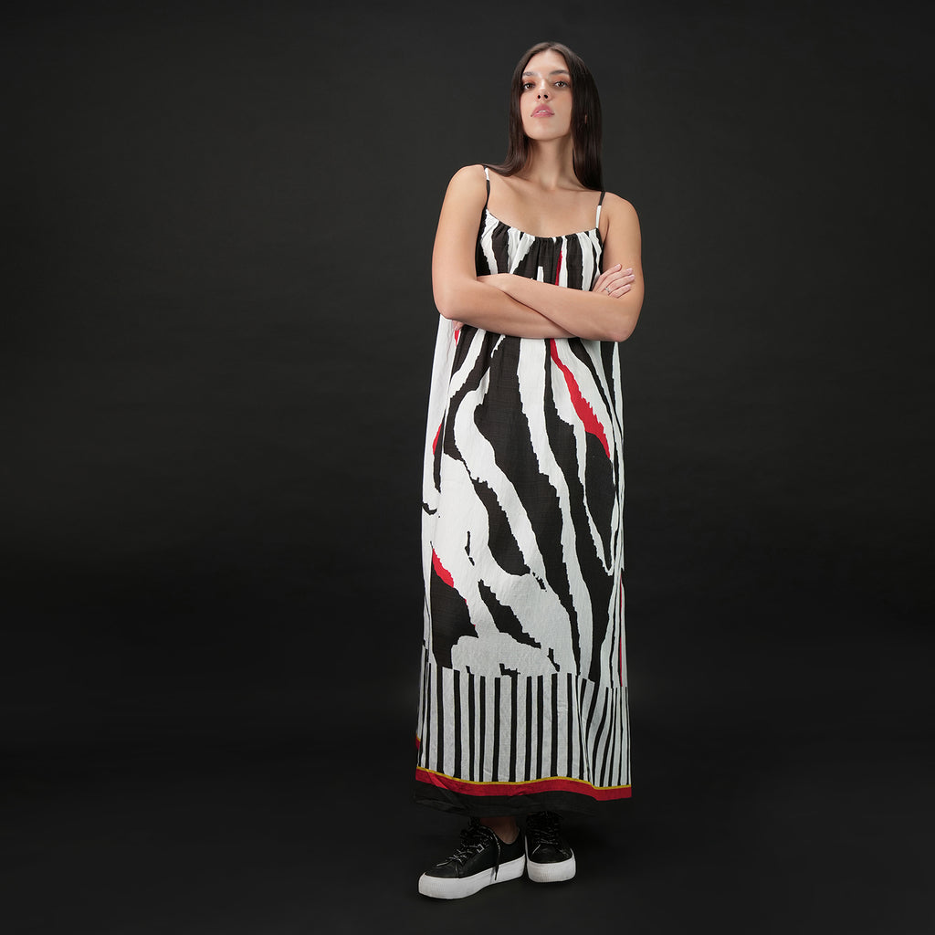 Into The Wild Zebra Print Spaghetti Strap Maxi Dress - Black & White