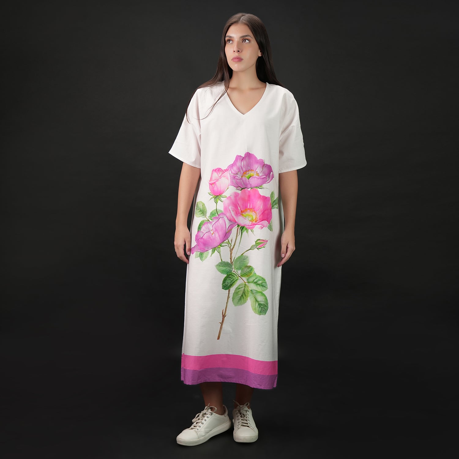 RoséA Rose Print Long Kaftan Dress