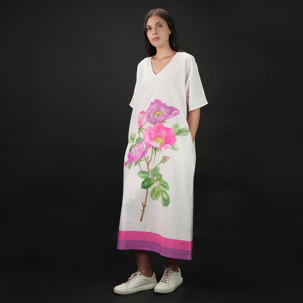 RoséA Rose Print Long Kaftan Dress