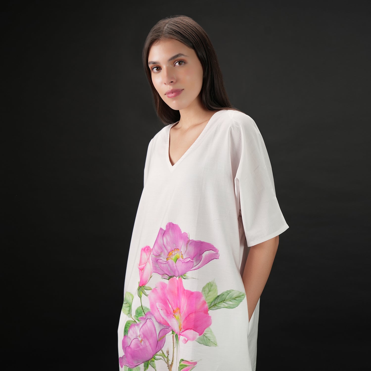 RoséA Rose Print Long Kaftan Dress