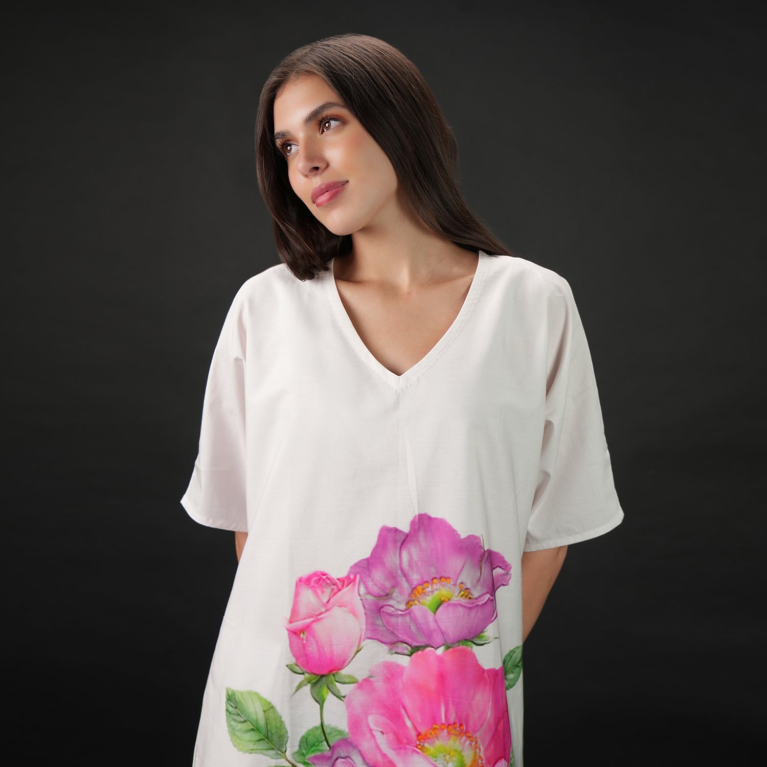 RoséA Rose Print Long Kaftan Dress