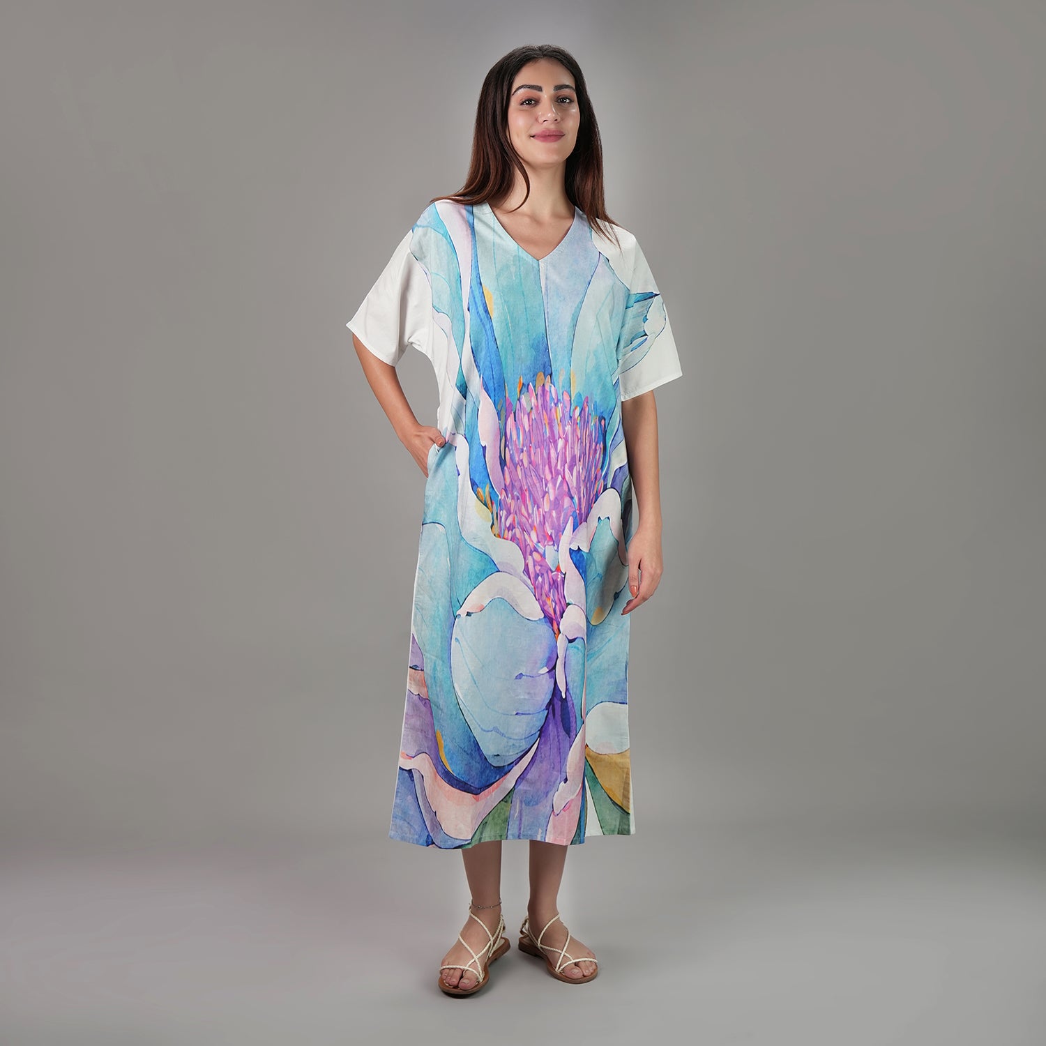 Fleur Watercolour Floral Long Kaftan Dress