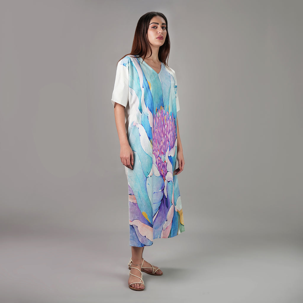 Fleur Watercolour Floral Long Kaftan Dress