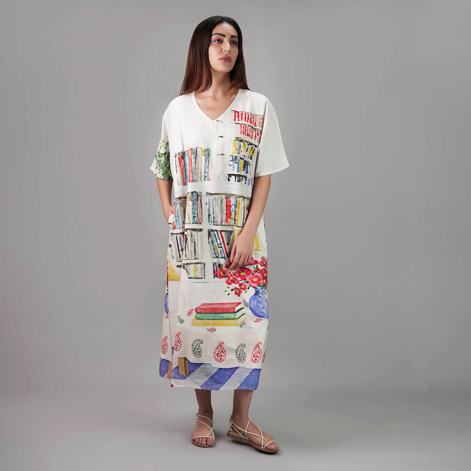 Abode Artistic Bookshelf Long Kaftan Dress - Library Print