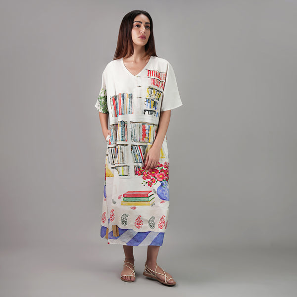 Abode Artistic Bookshelf Long Kaftan Dress - Library Print
