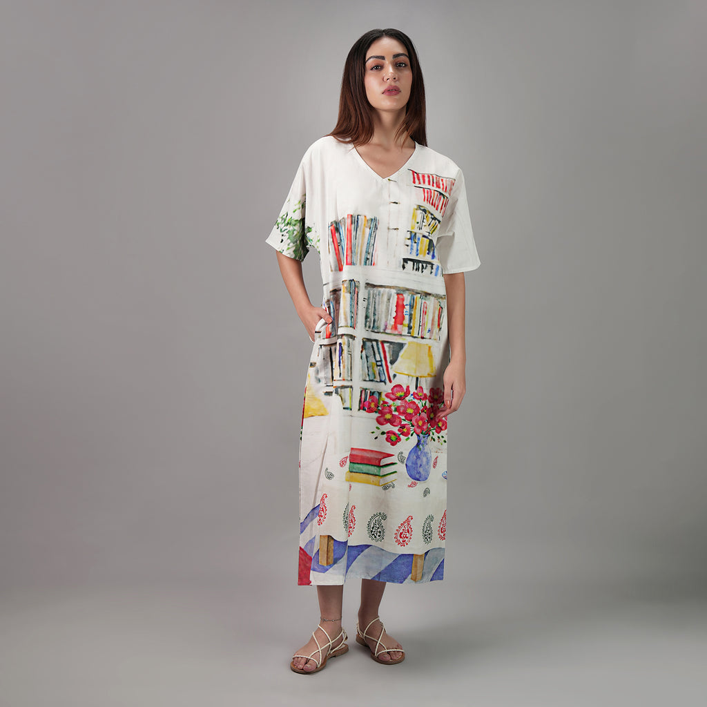 Abode Artistic Bookshelf Long Kaftan Dress - Library Print