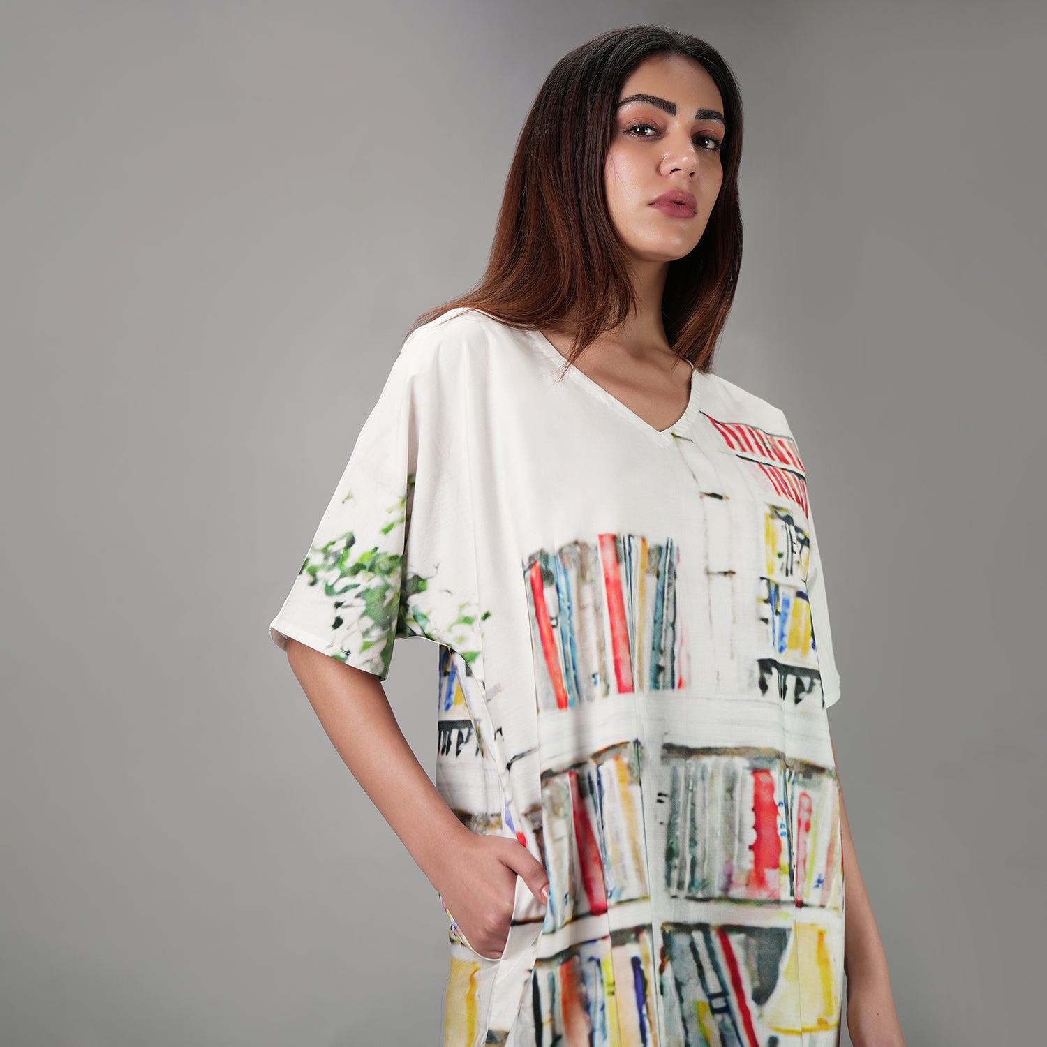 Abode Artistic Bookshelf Long Kaftan Dress - Library Print