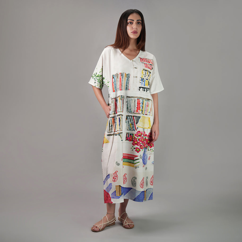 Abode Artistic Bookshelf Long Kaftan Dress - Library Print