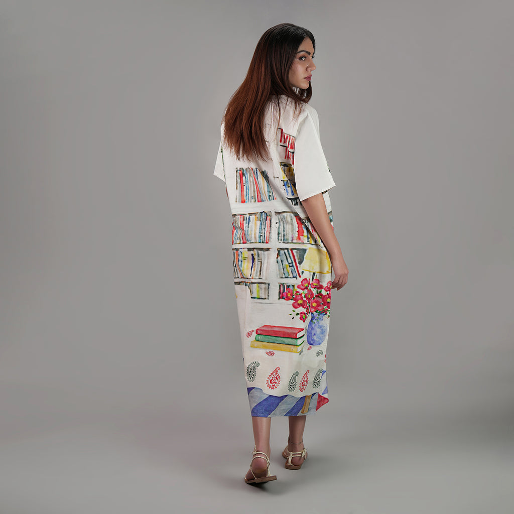 Abode Artistic Bookshelf Long Kaftan Dress - Library Print