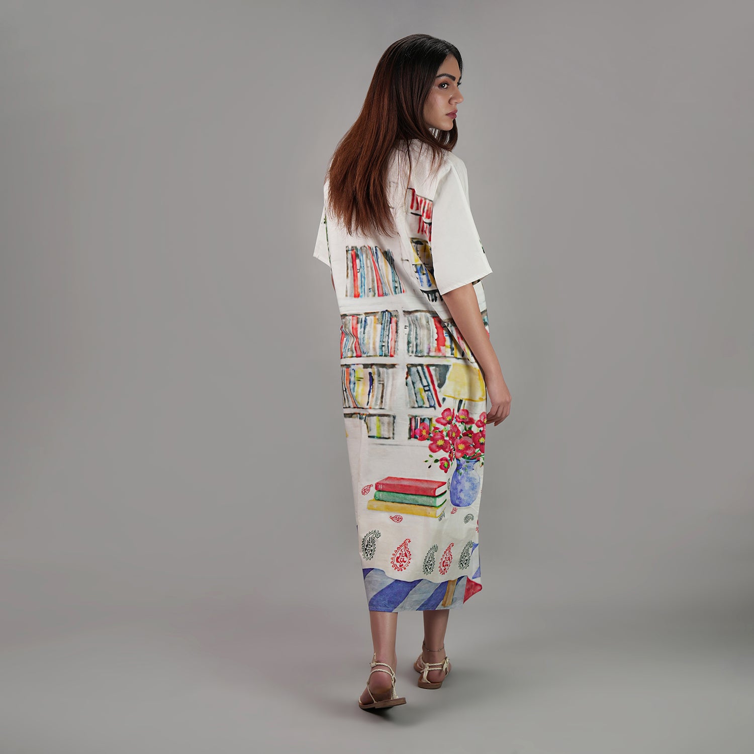 Abode Artistic Bookshelf Long Kaftan Dress - Library Print