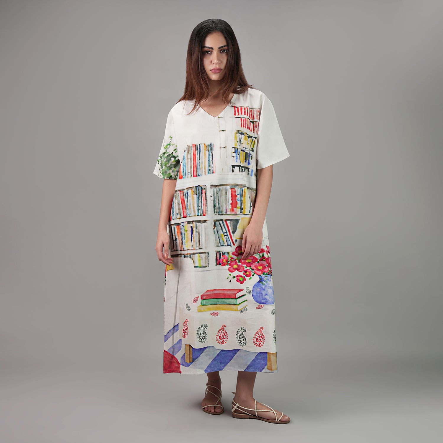 Abode Artistic Bookshelf Long Kaftan Dress - Library Print