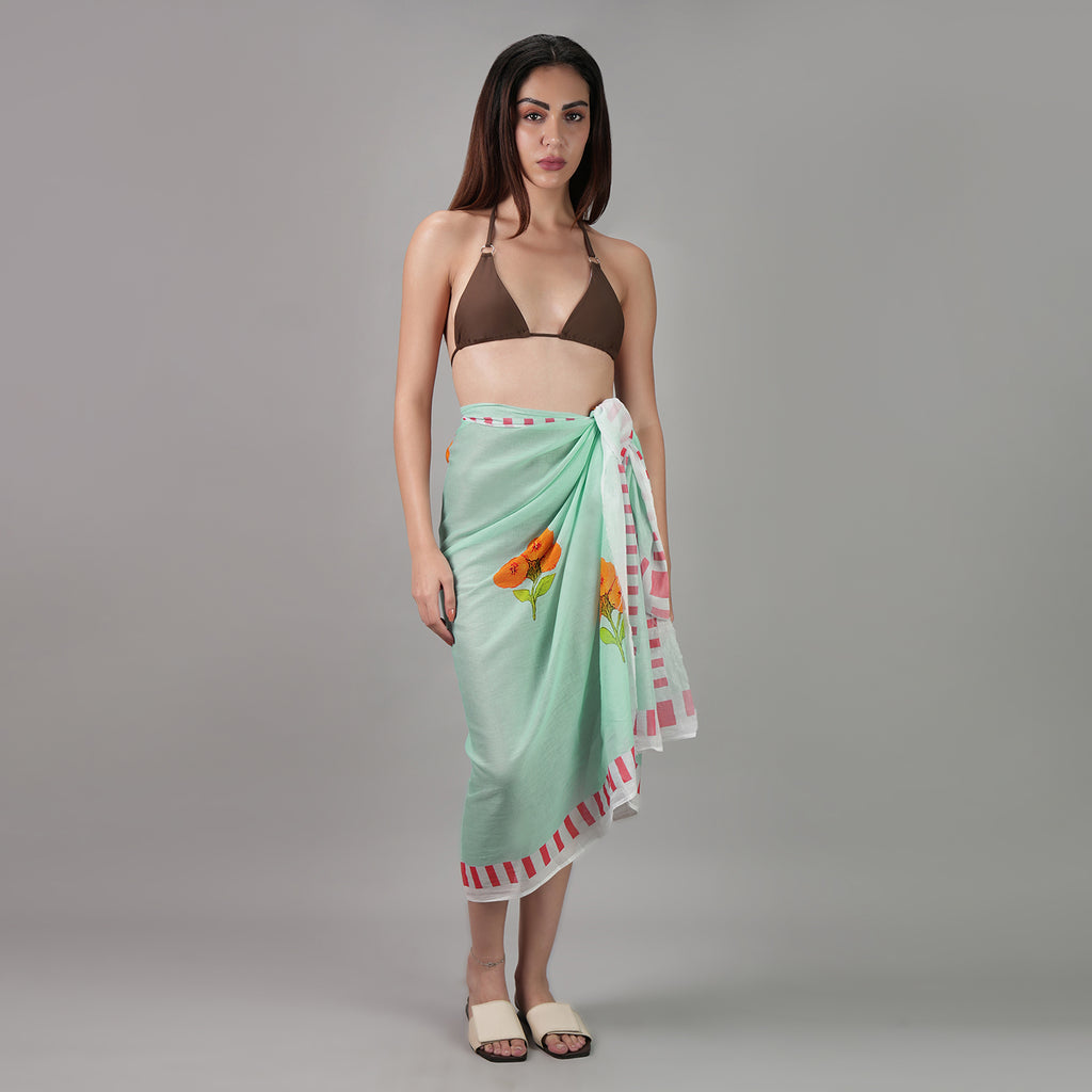 Azure Bloom Floral Resort Cotton Sarong - Powder Blue,Orange ,Red