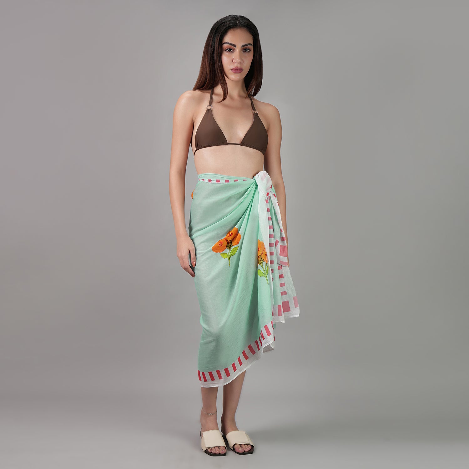 Azure Bloom Floral Resort Cotton Sarong - Powder Blue,Orange ,Red