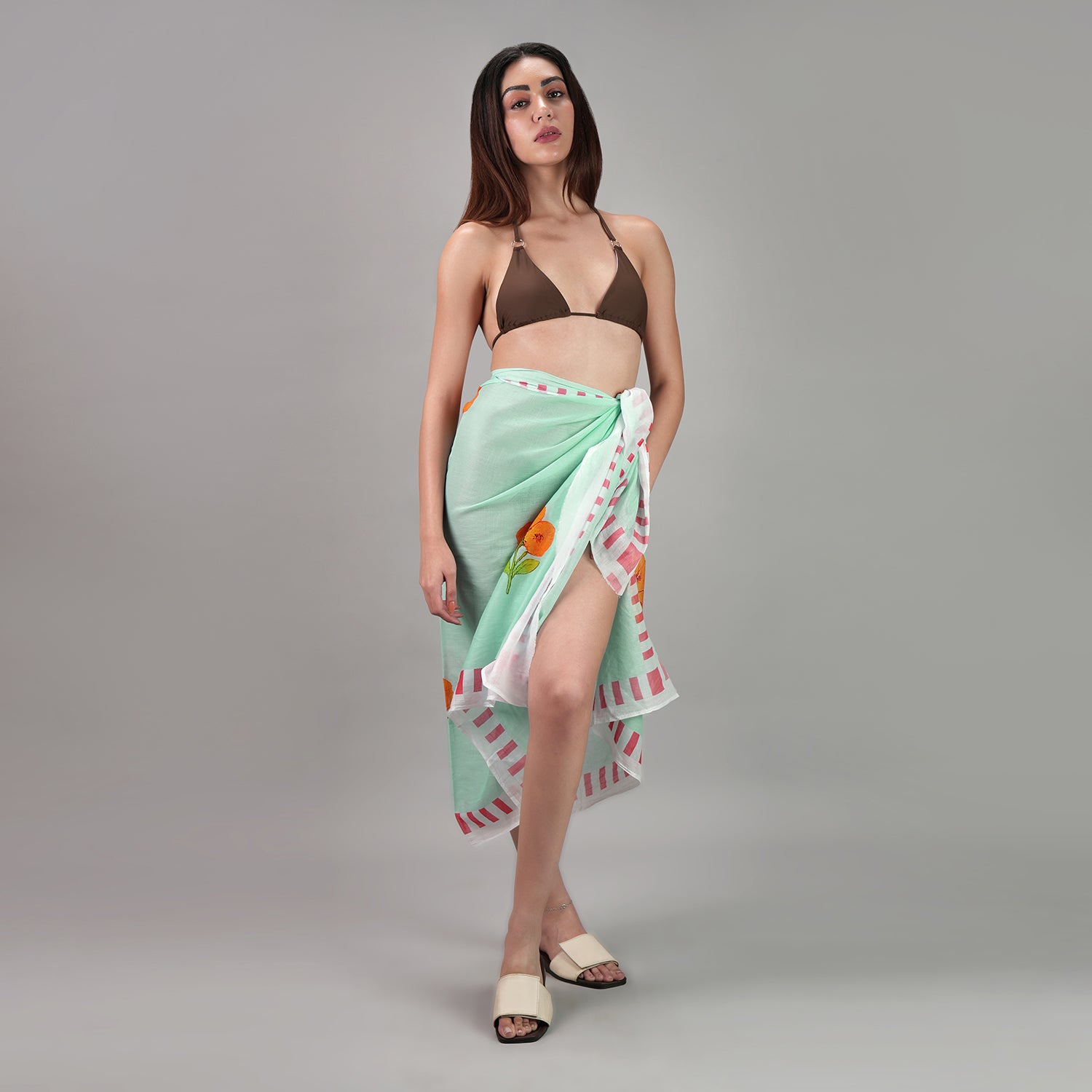 Azure Bloom Floral Resort Cotton Sarong - Powder Blue,Orange ,Red