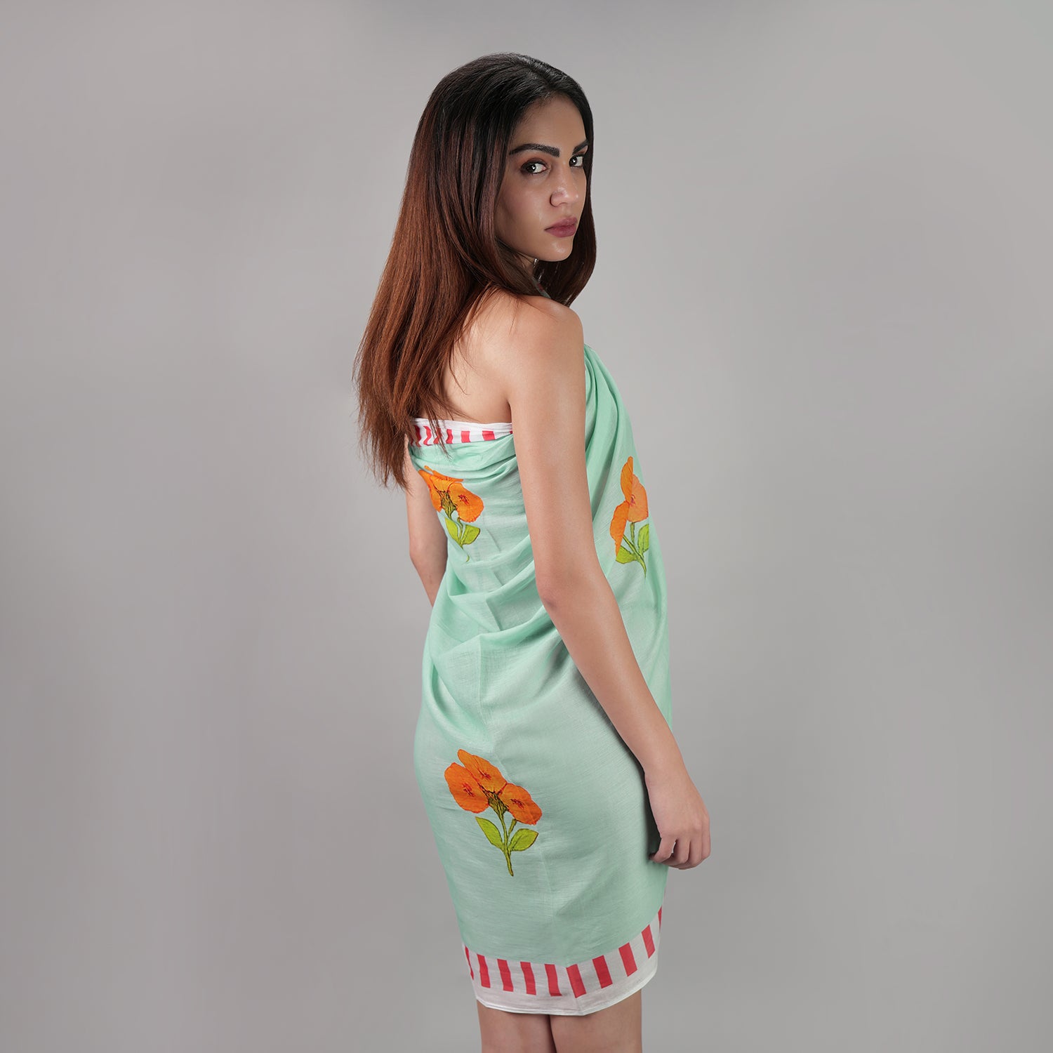 Azure Bloom Floral Resort Cotton Sarong - Powder Blue,Orange ,Red