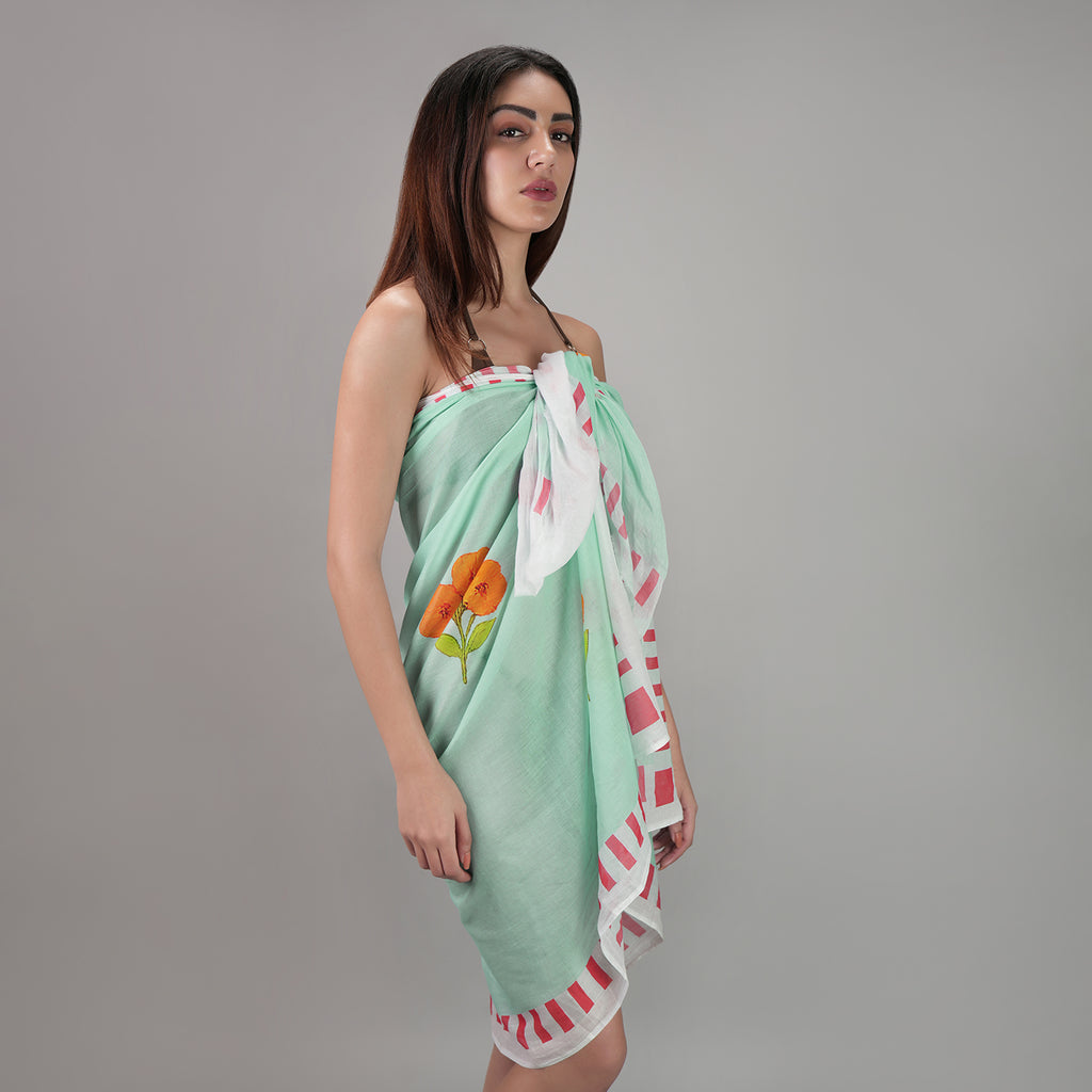 Azure Bloom Floral Resort Cotton Sarong - Powder Blue,Orange ,Red