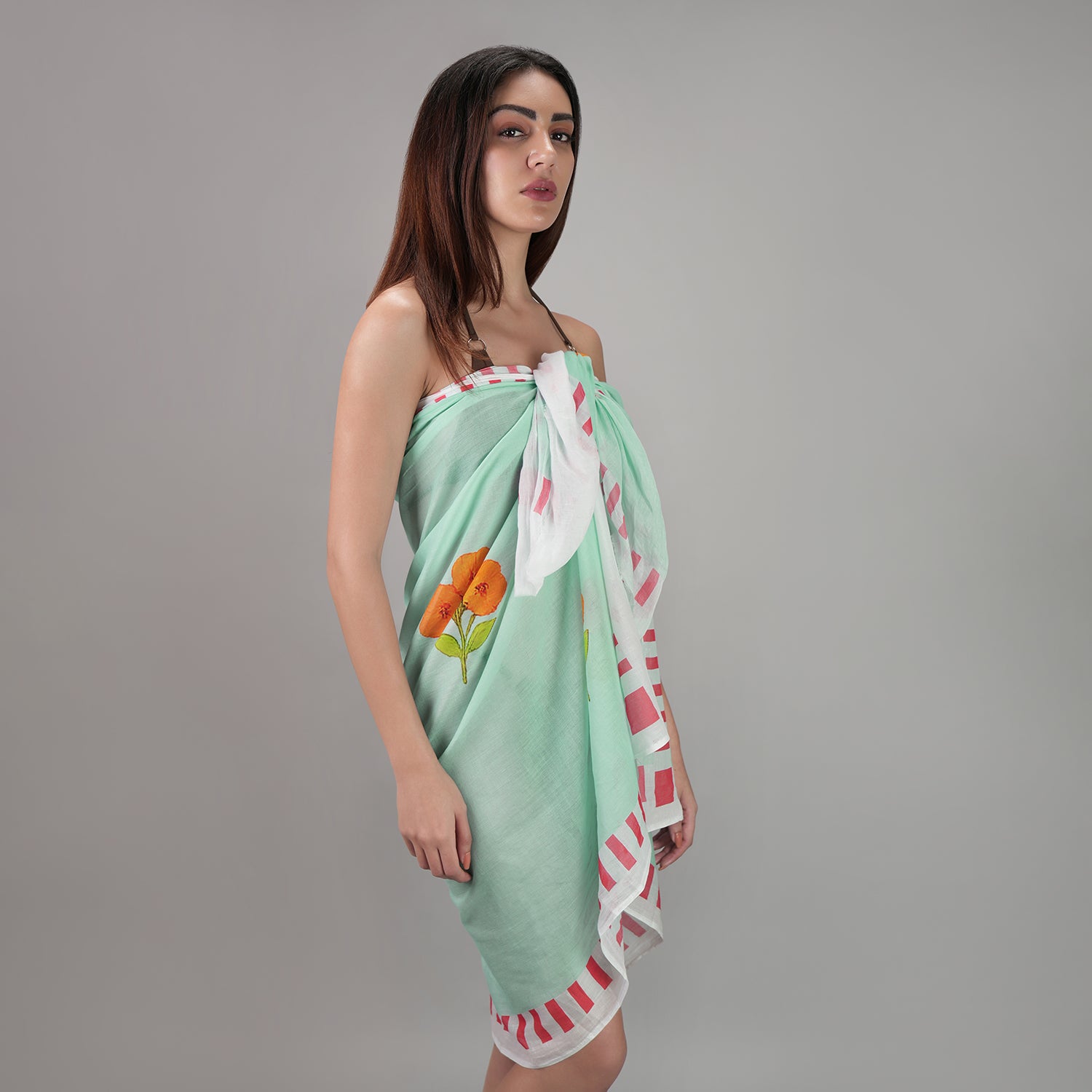 Azure Bloom Floral Resort Cotton Sarong - Powder Blue,Orange ,Red