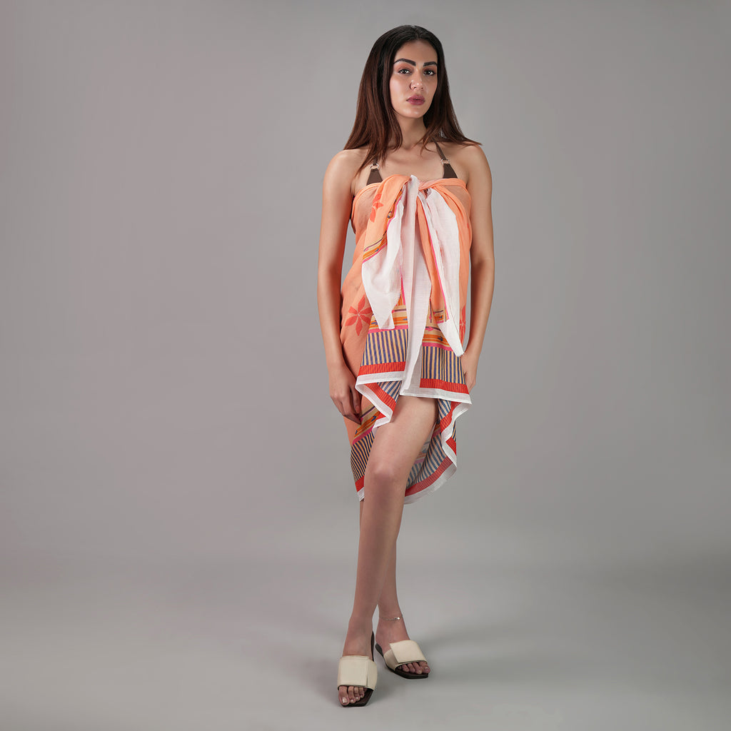 Peach Blossom Floral Resort Cotton Sarong - Peach & Multicolour