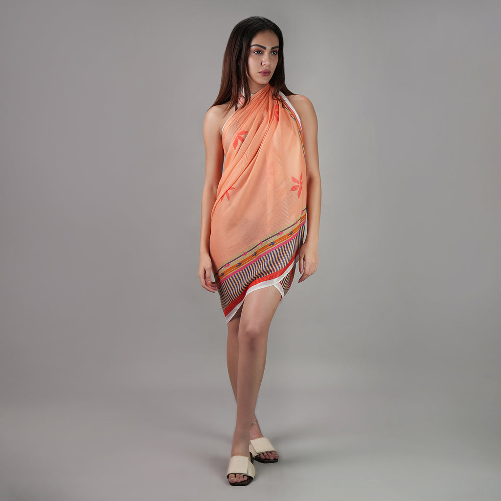 Peach Blossom Floral Resort Cotton Sarong - Peach & Multicolour