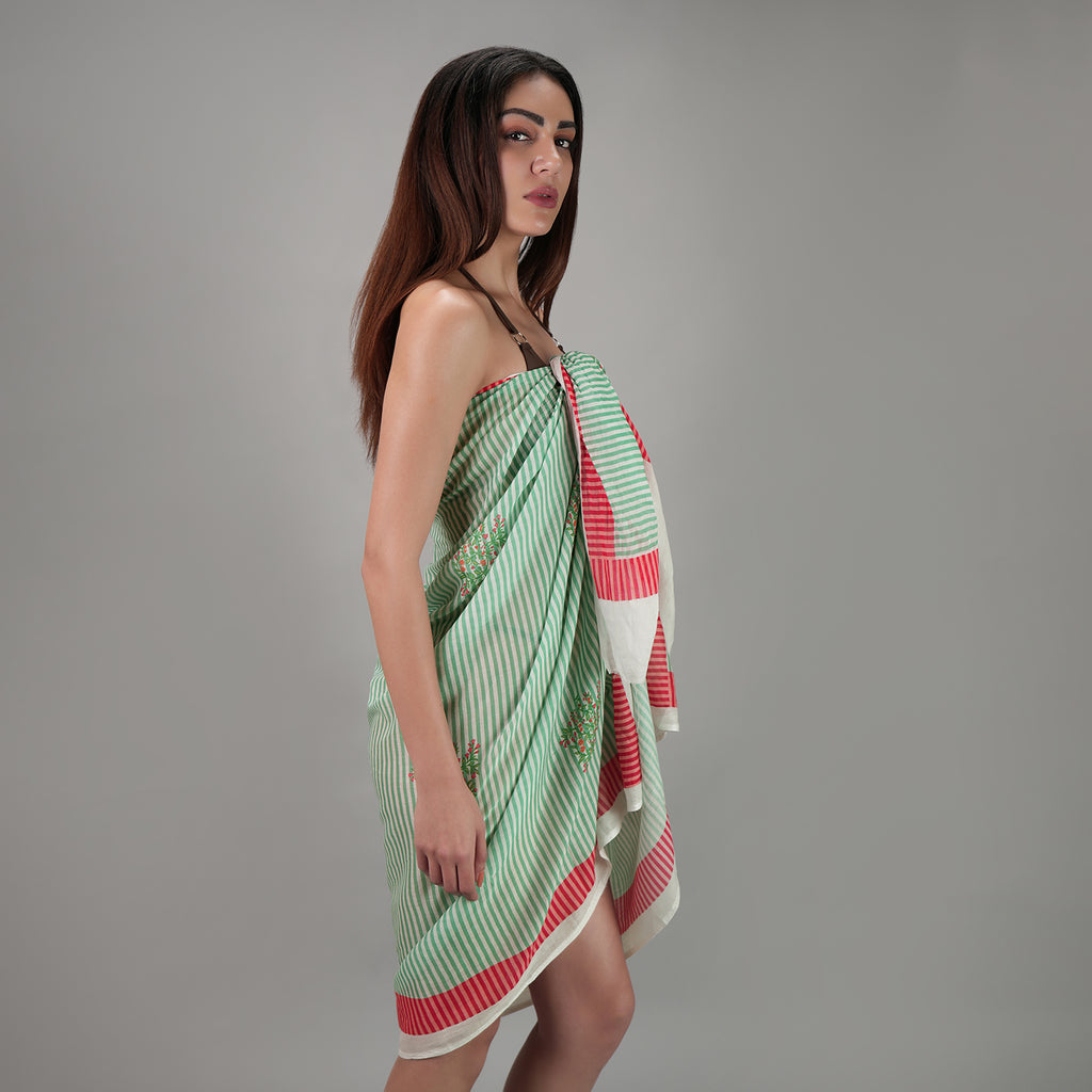Sage Bloom Resort Cotton Sarong - Seagreen & Multicolour