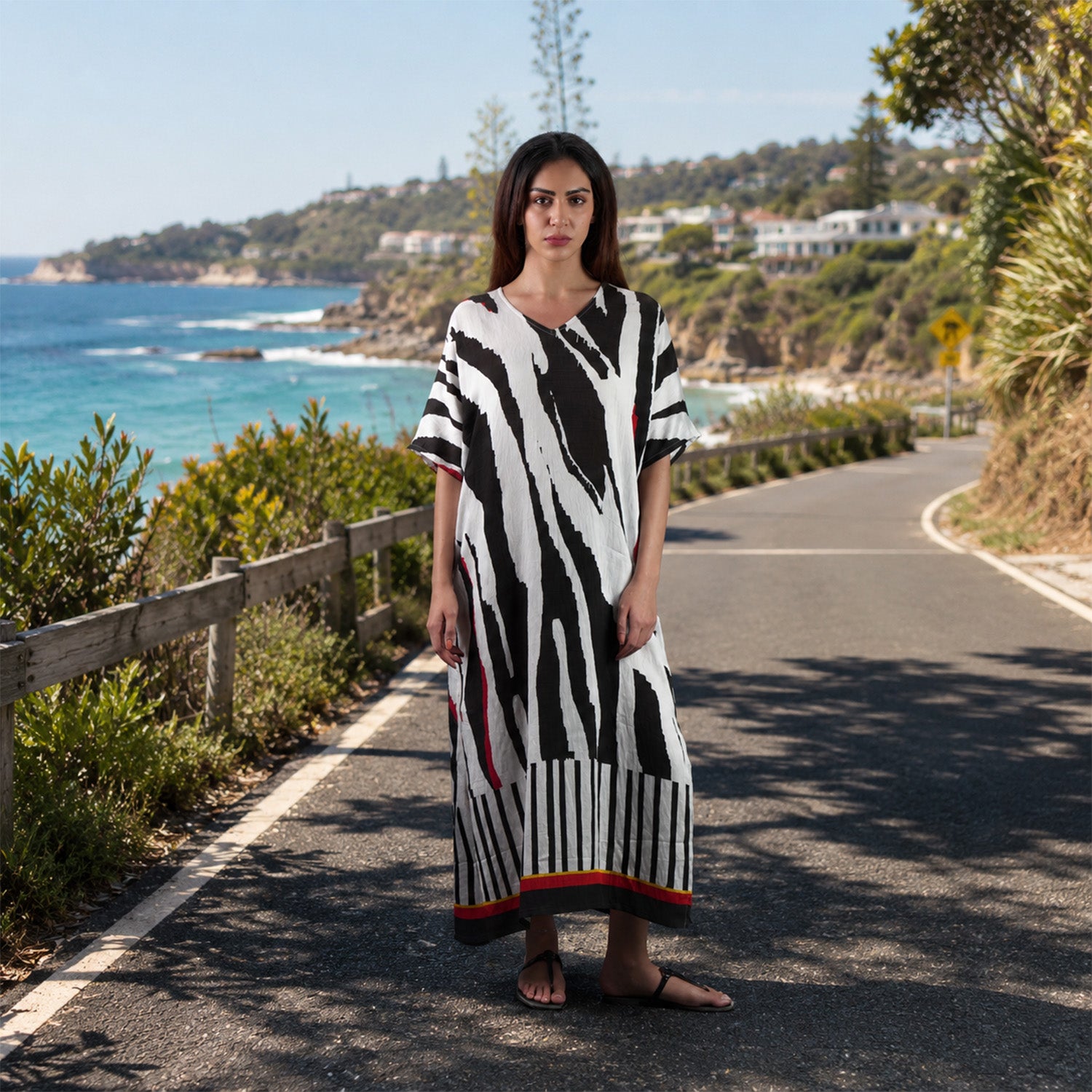 Into The Wild Zebra Print Long Kaftan Dress With Side Slit