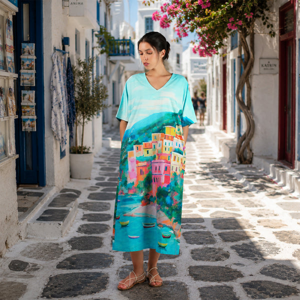 La Dolce Riviera Mediterranean Long Kaftan Dress With Pockets And Vintage Look