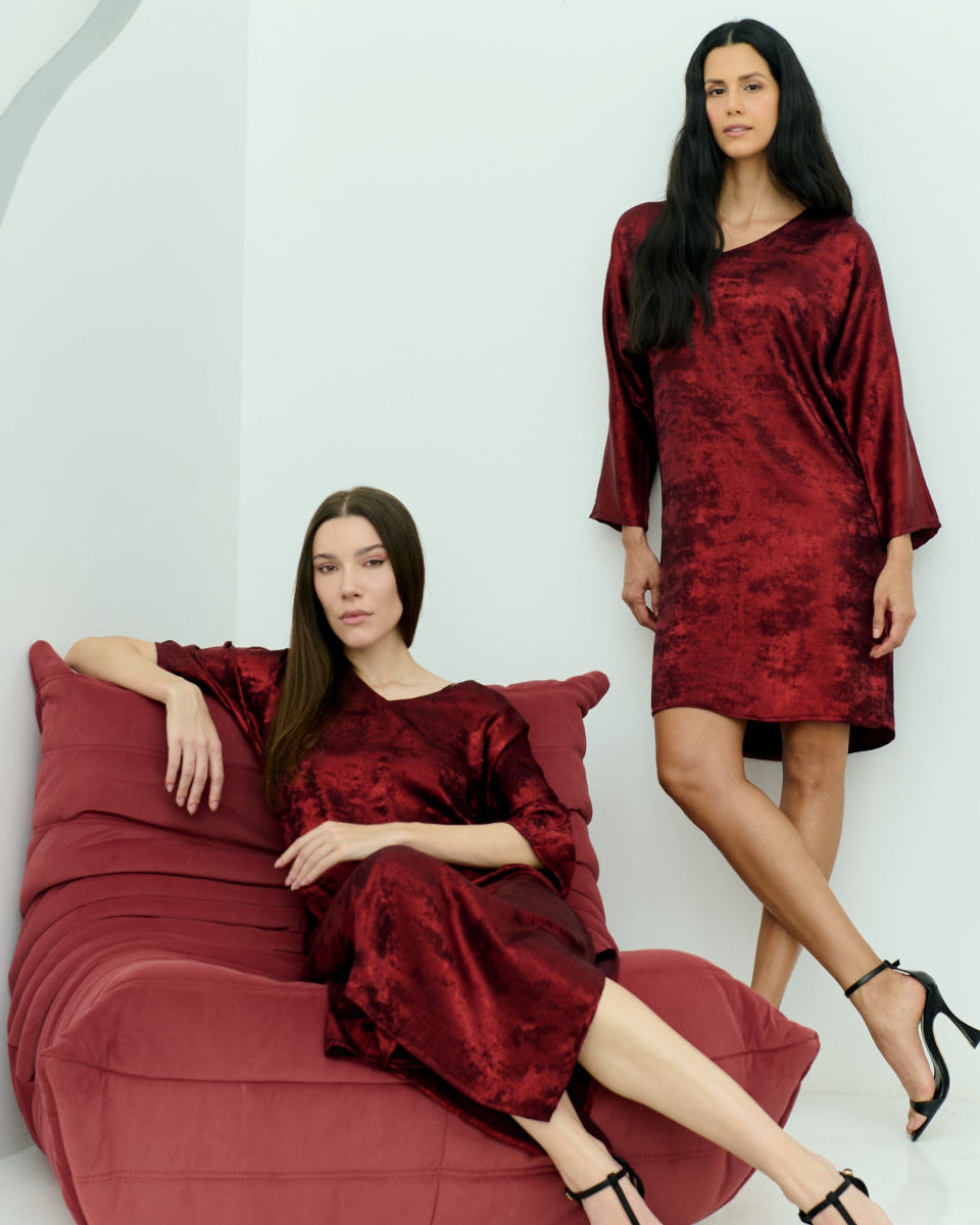 Shadow of Sequin Shimmer Red Long Kaftan with Side Slit
