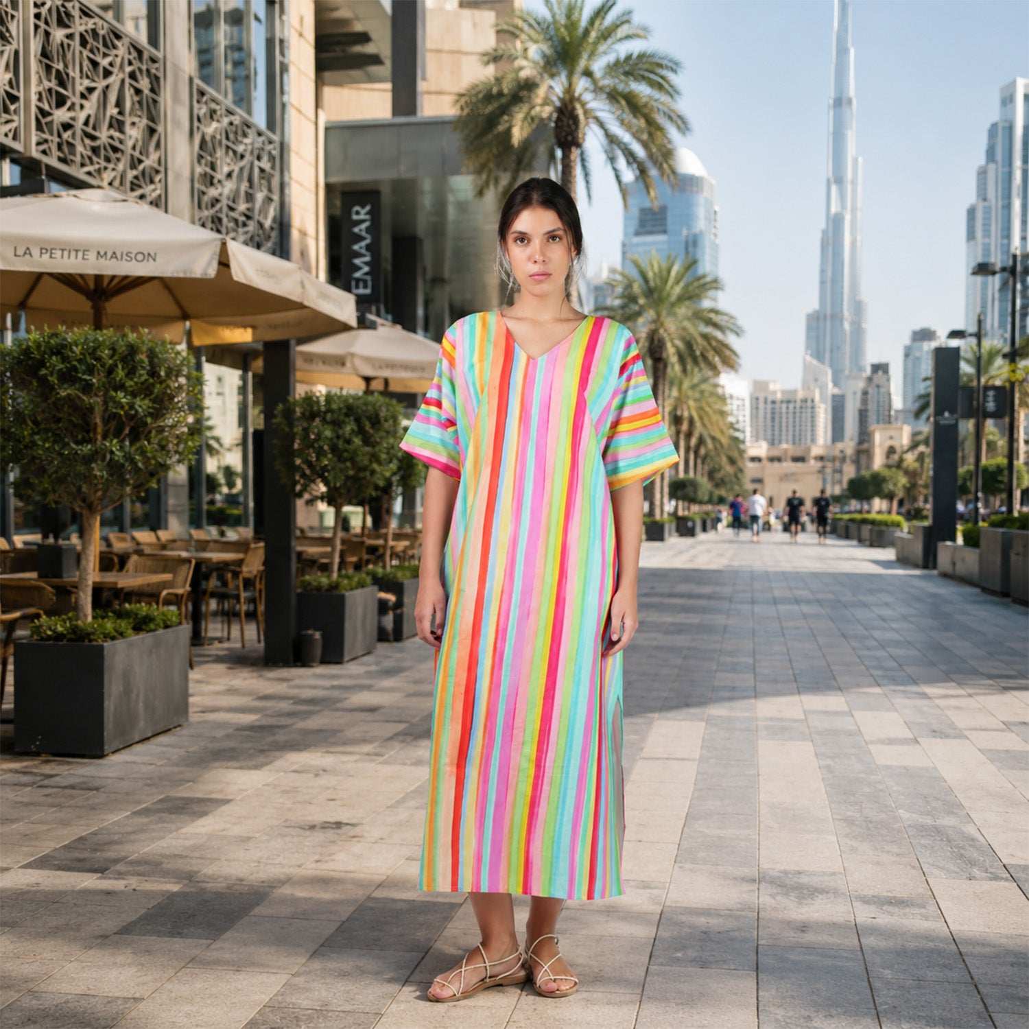 The Palette Multicolour Rainbow Colour Long Kaftan Dress With Side Slit